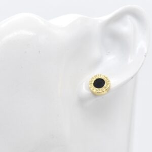 18K Yellow Gold Black Onyx B‑Inspired Stud Earrings — 11 mm