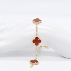 18K Yellow Gold Five-Red-Clover Bracelet — 7.5 inches