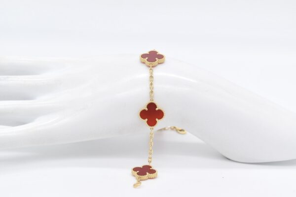 18K Yellow Gold Five-Red-Clover Bracelet — 7.5 inches
