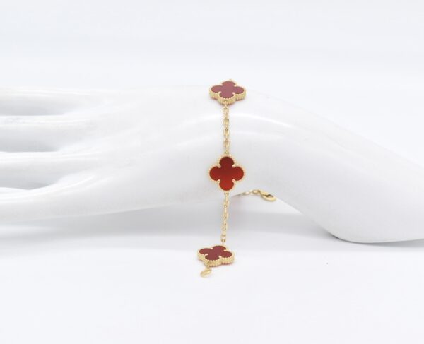18K Yellow Gold Five-Red-Clover Bracelet — 7.5 inches - Image 2