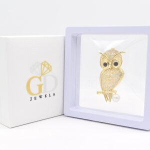 Owl CZ Pearl Brass Brooch