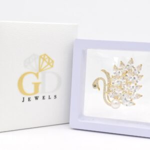 Swan CZ Pearl Brass Brooch