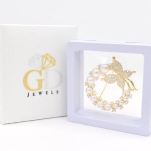 Elegant Circle Butterfly CZ Pearl Brass Brooch