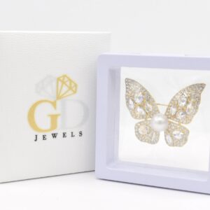 CZ Butterfly White Pearl Brass Brooch