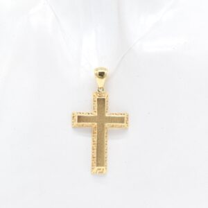 18K Textured Cross Pendant with Greek Key Motif