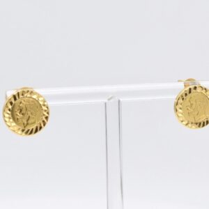 21K Round Vintage Coin Stud Earrings with Diamond-Cut Border